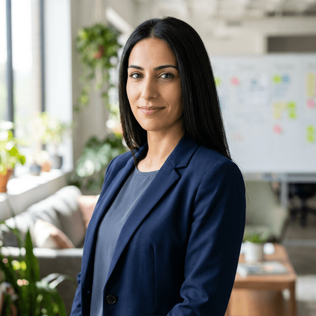 Middle Eastern female operations lead in her early 30s with professional attire in a modern office