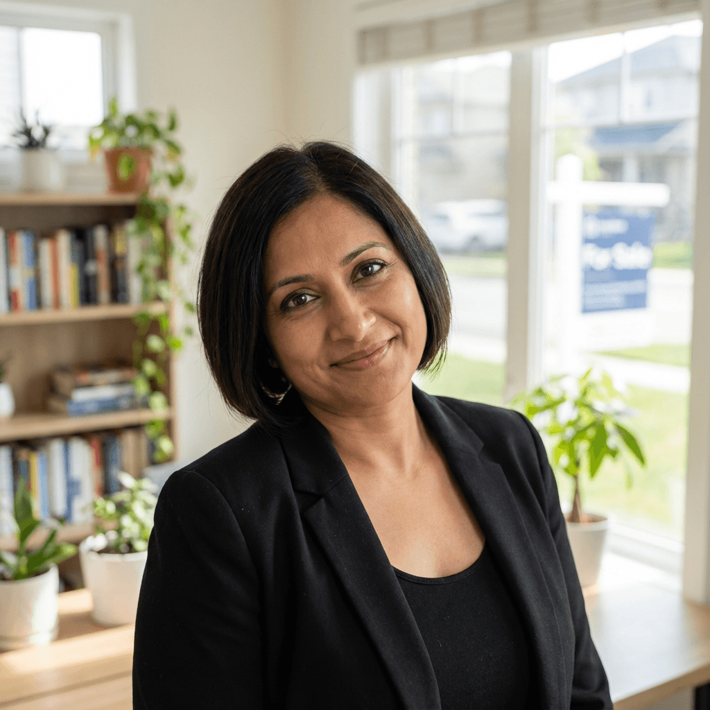 Female restaurant manager in her late 30s, South Asian, warm professional demeanor appropriate for hospitality