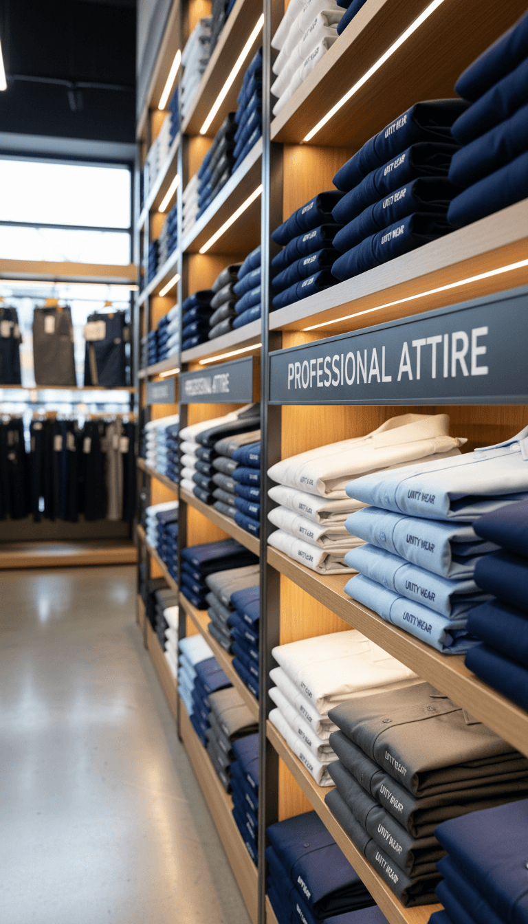 Neat stack of folded corporate uniform shirts