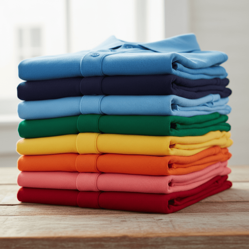 Neatly folded polo shirts in assorted colors on a wooden table
