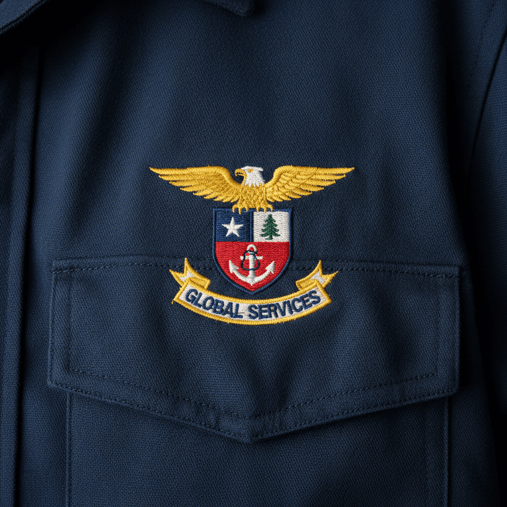 Close-up of an embroidered logo on the chest of a uniform shirt