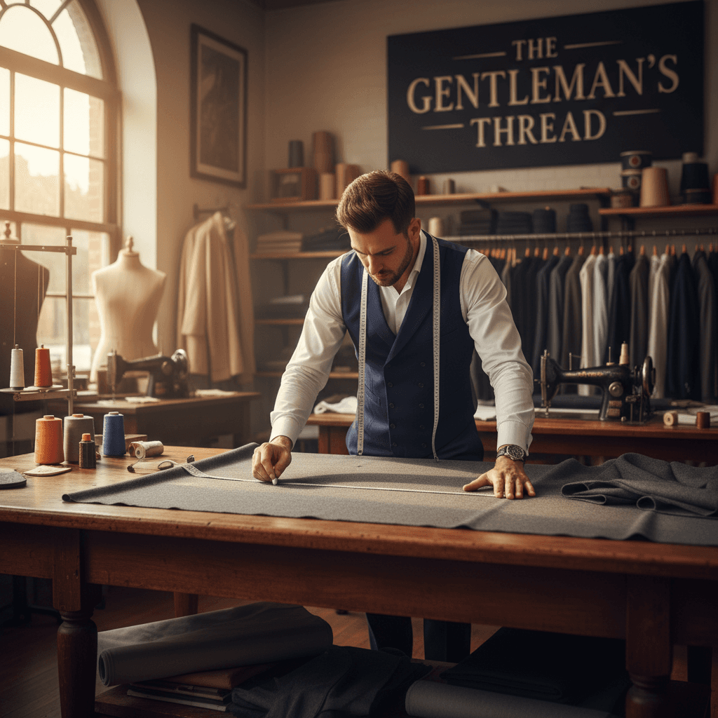 Tailor measuring fabric on a worktable in a professional shop