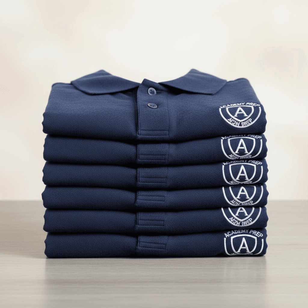 Folded school polo shirts with embroidered logos