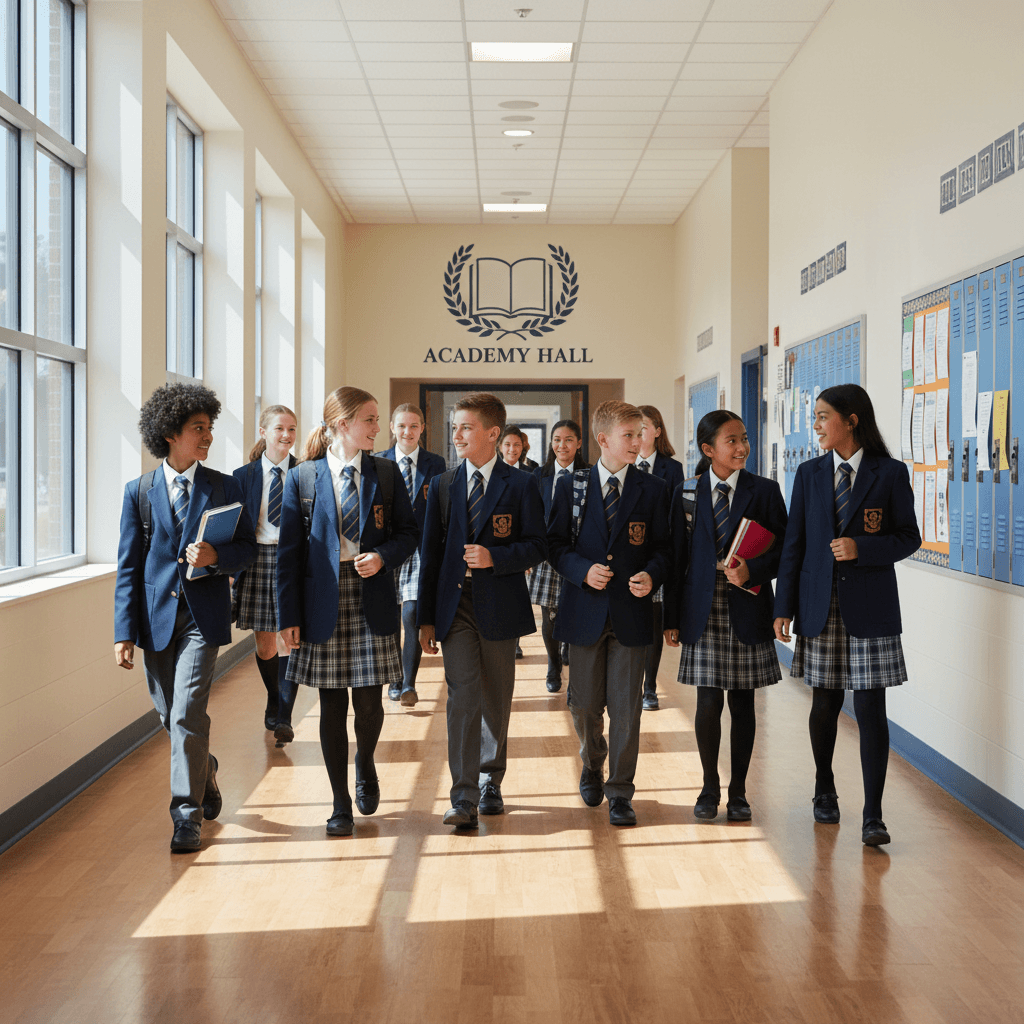 Students in navy and white uniforms walking down a school hallway