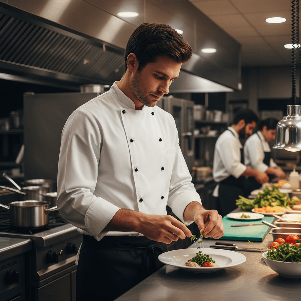 Chef in a crisp white chef jacket working in a professional kitchen