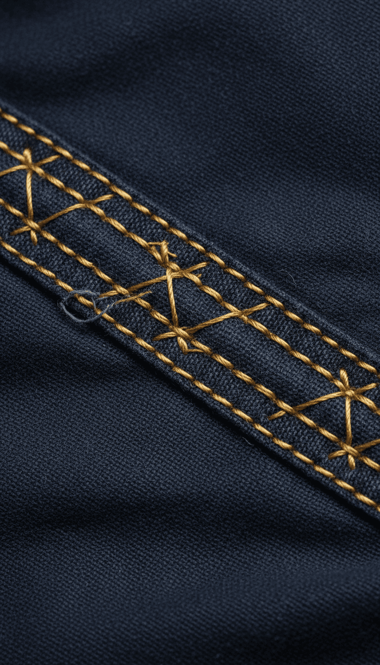 Close up of reinforced stitching on dark navy workwear fabric