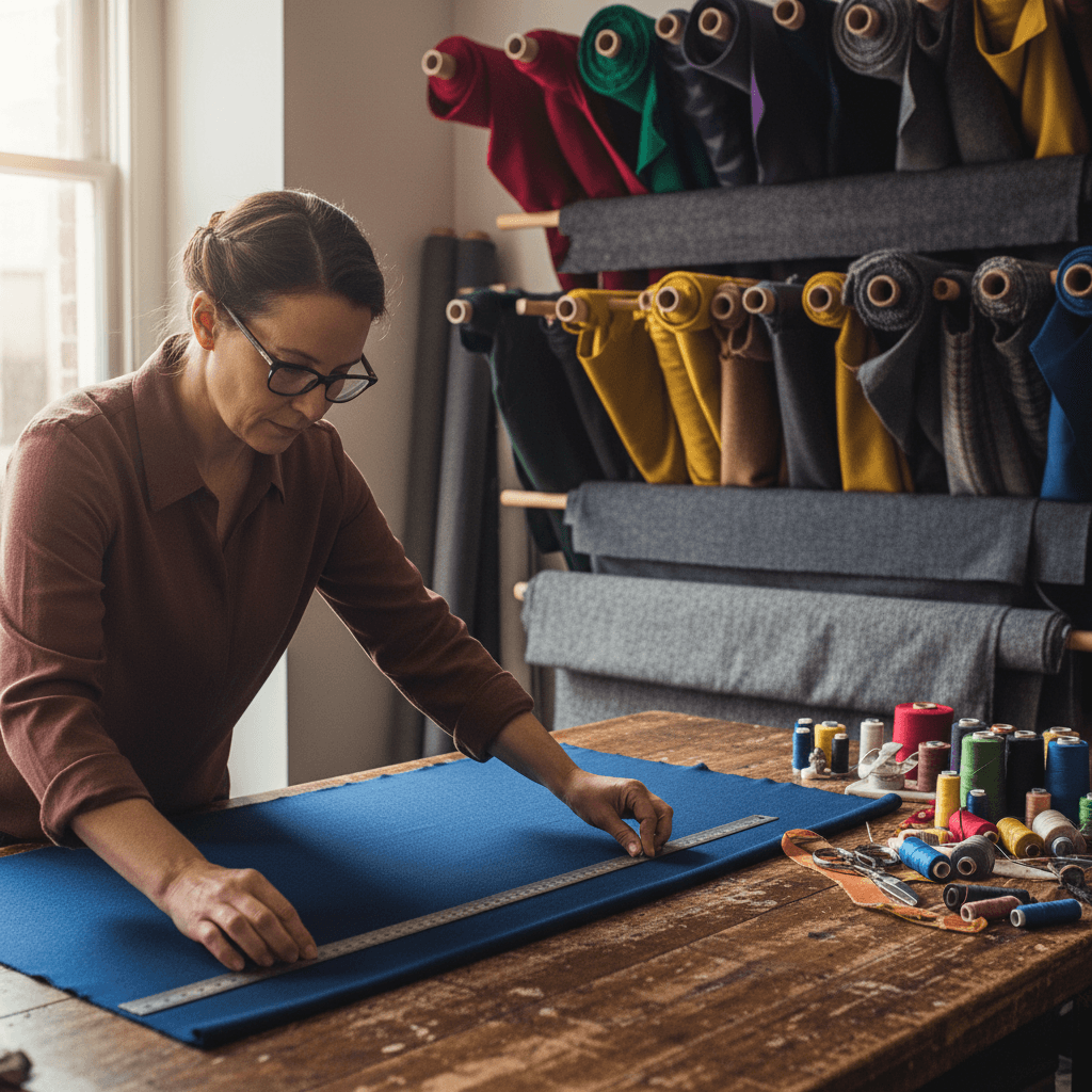 Tailor measuring uniform fabric on a workbench