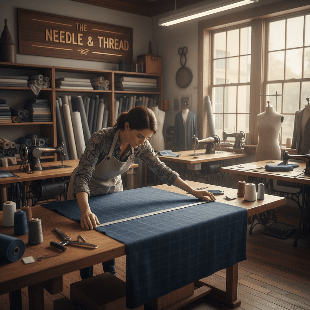 Tailor measuring fabric on a worktable in a professional workshop