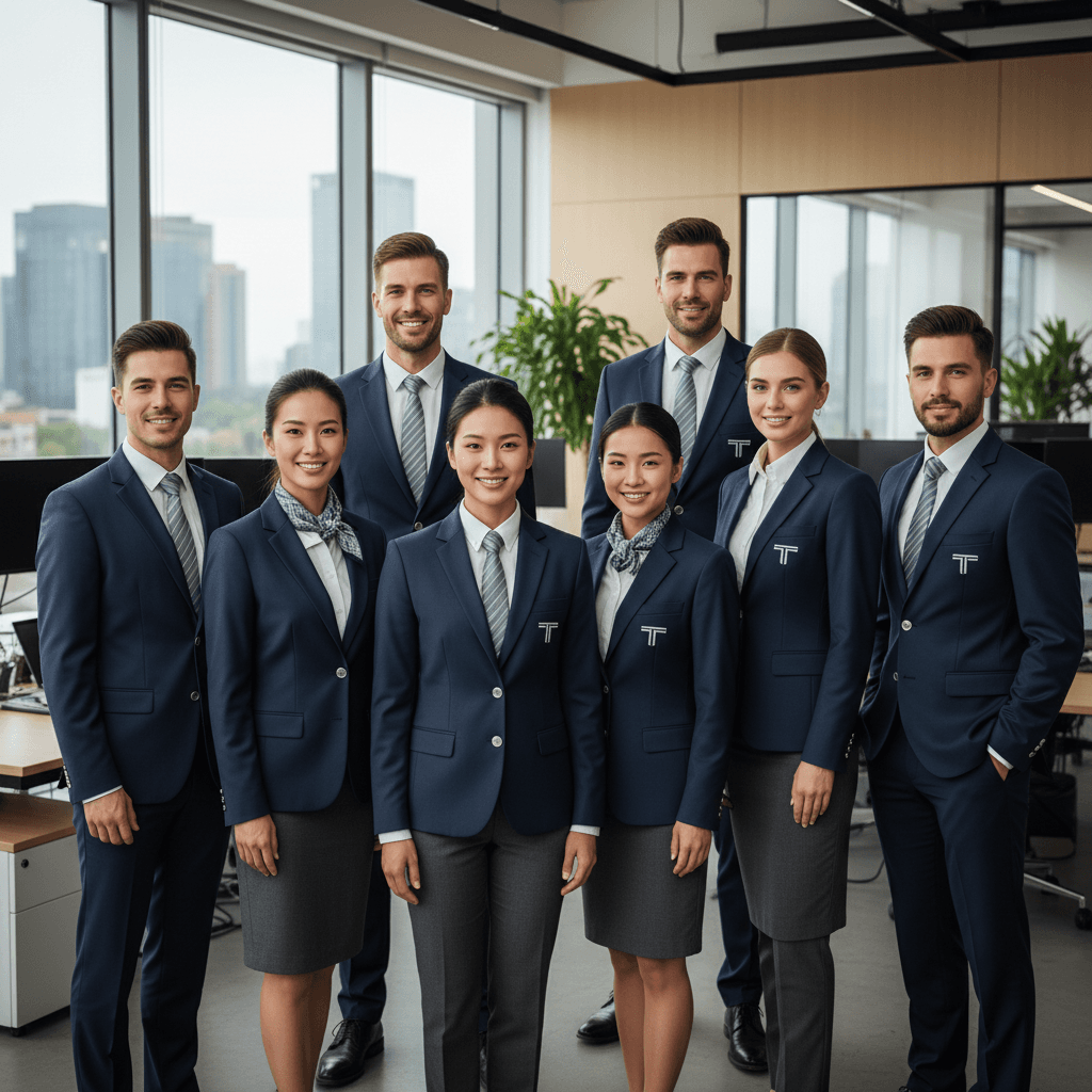 Corporate team in matching tailored uniforms standing in a bright office