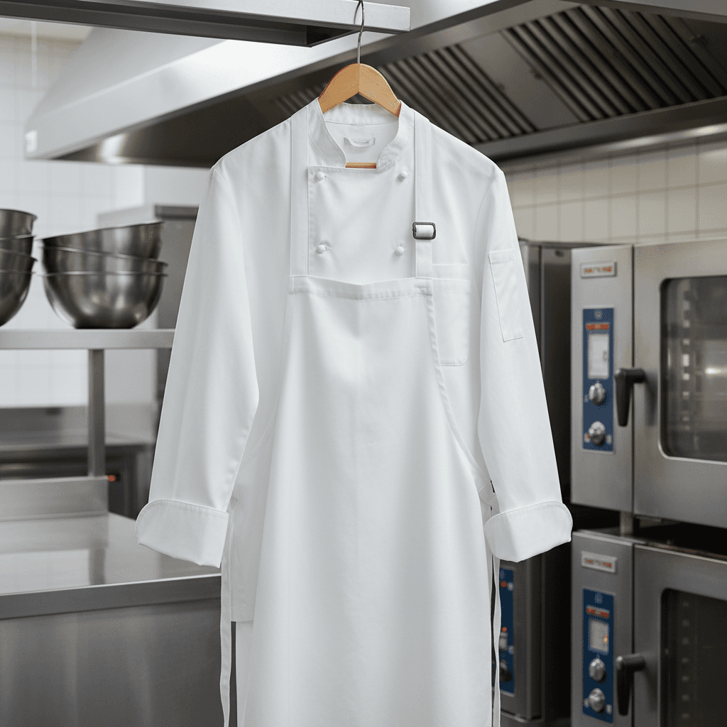White chef jacket on a hanger in a kitchen