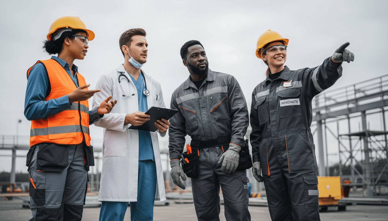 Four diverse workers wearing industry-specific workwear collaborating at an active job site with natural lighting