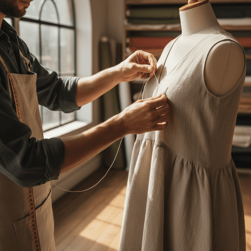 Tailor at the sewing machine finishing a uniform hem