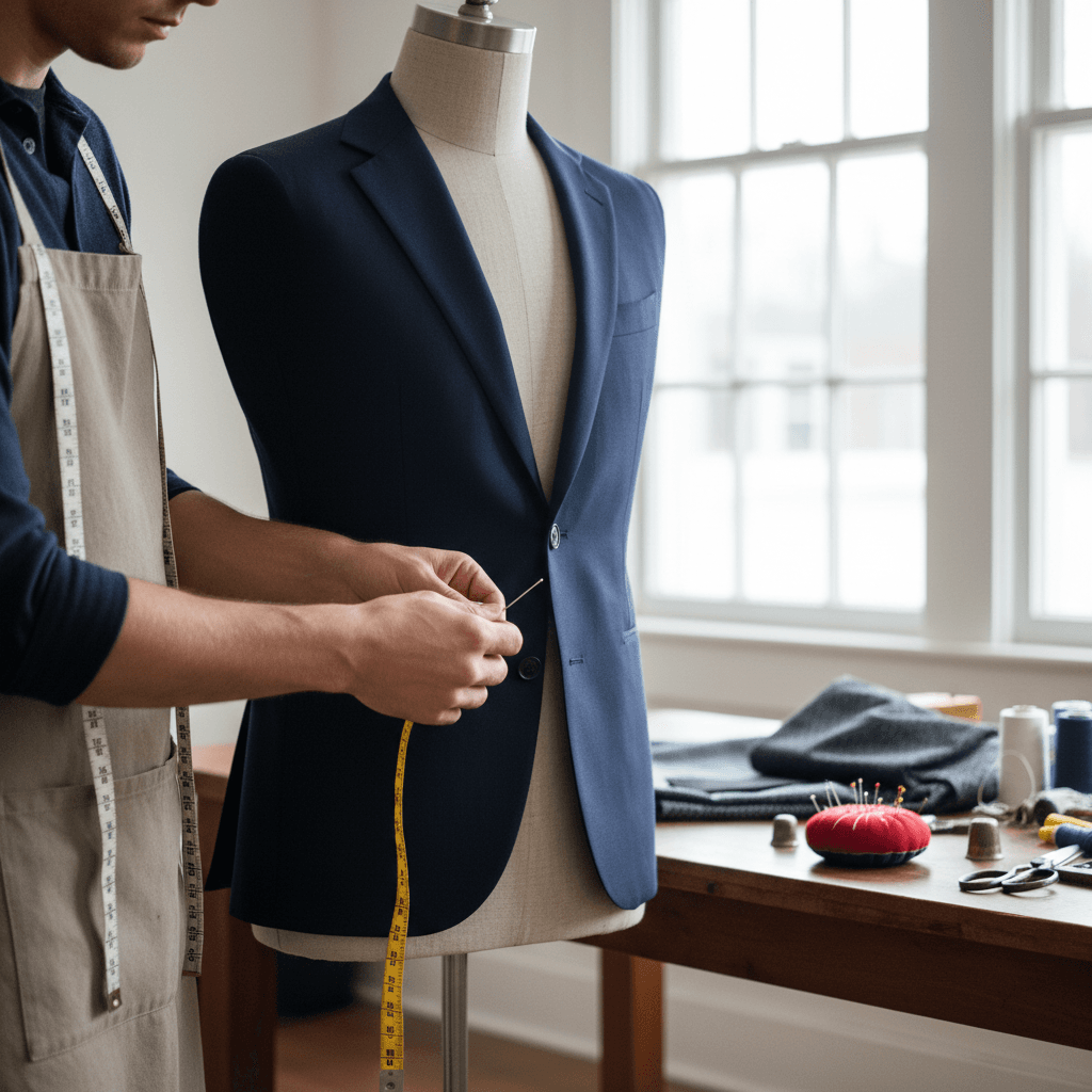 Tailor measuring a suit jacket on a customer in a tailoring shop