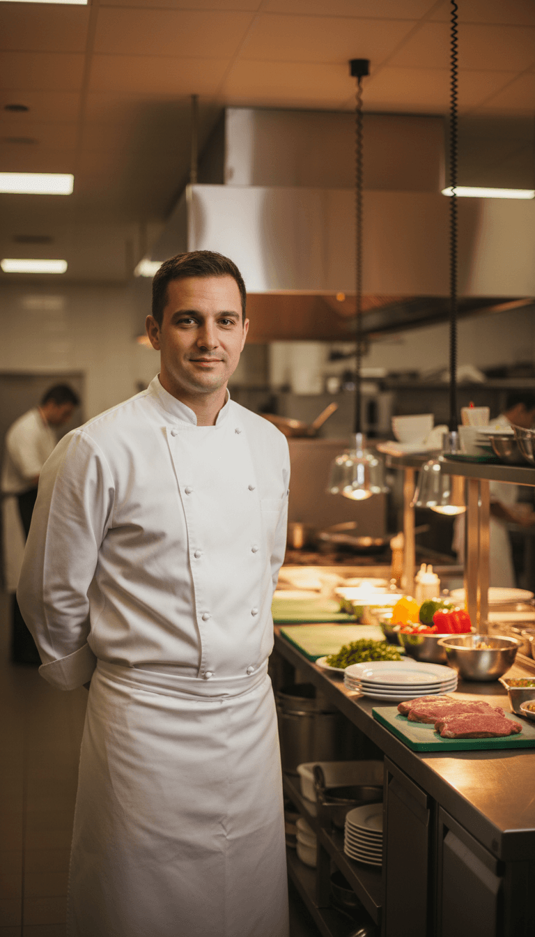 Chef's jacket with embroidered logo worn in a busy kitchen