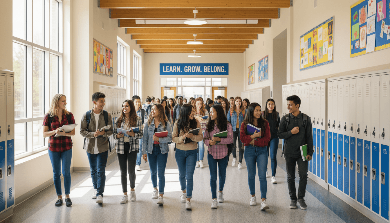 Students in matching school uniforms walking in a bright hallway