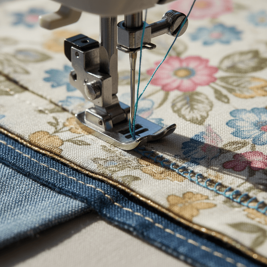 Close up of a sewing machine stitching durable fabric