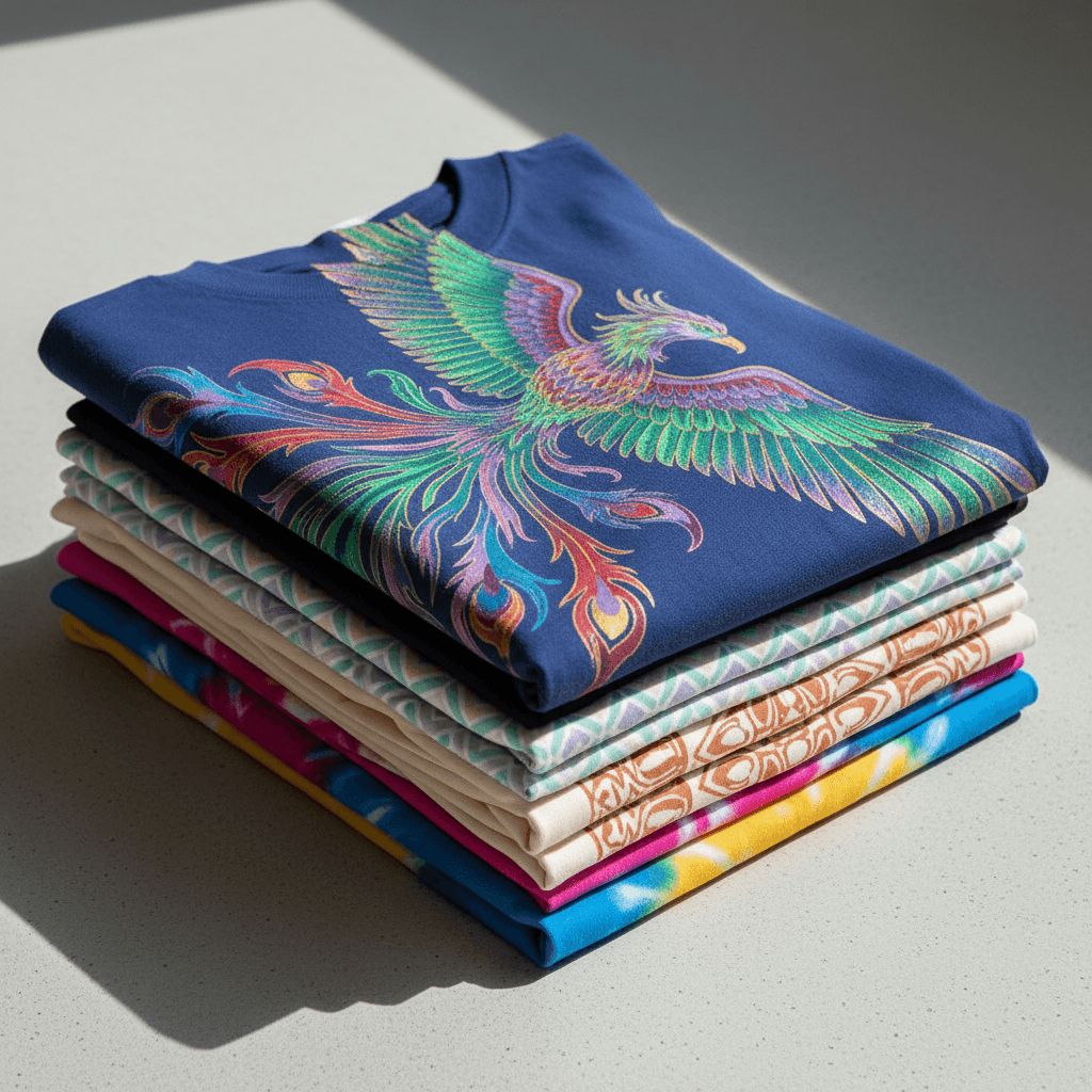Neatly folded stack of branded polo shirts in various colors