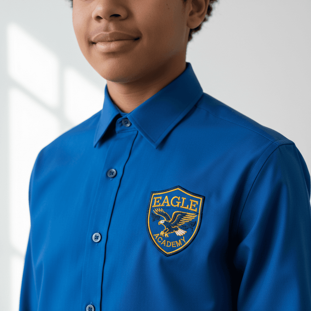 Neatly folded polo shirts with school logo embroidery