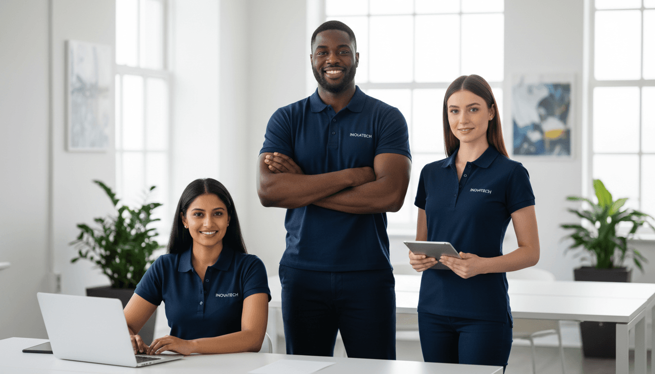 Three diverse professionals wearing matching branded polo shirts in a modern office setting, demonstrating fit and professional appearance