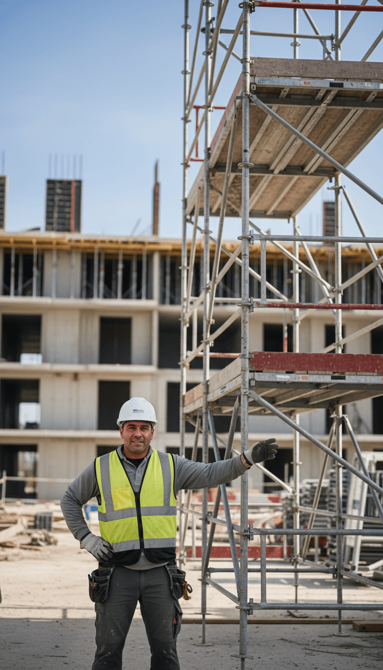 Construction worker in high-visibility orange safety vest on a building site