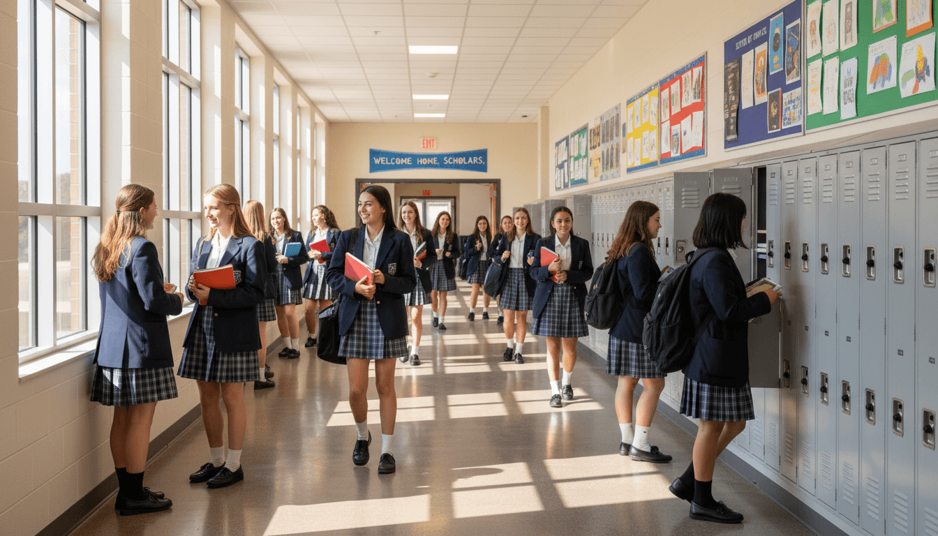 Students in uniform walking down a school hallway