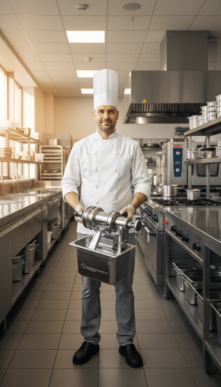 Professional chef wearing a white double-breasted jacket in a commercial kitchen