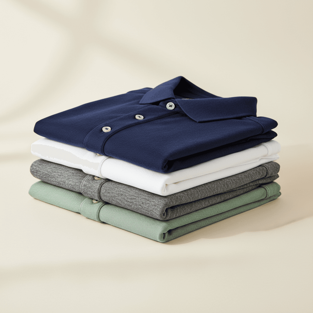 Neatly folded polo shirts in different colors
