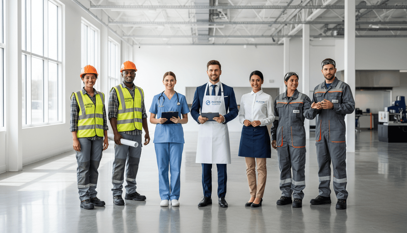 Five full-body industrial coveralls standing in a row on a light concrete studio floor: high-visibility orange, fire-engine red, royal blue, charcoal grey, and kelly green, each with silver reflective strips on chest, sleeves, and lower legs, clean product-catalog lighting